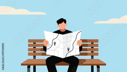 Man sitting on a park bench, studying a folded map