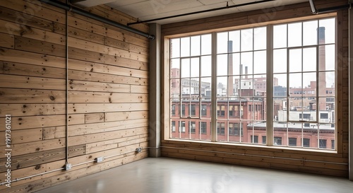 Empty square room with Wooden walls and big windows. Interior industrial concept background