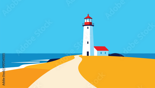 Stylized lighthouse on a golden shore against a clear blue sky
