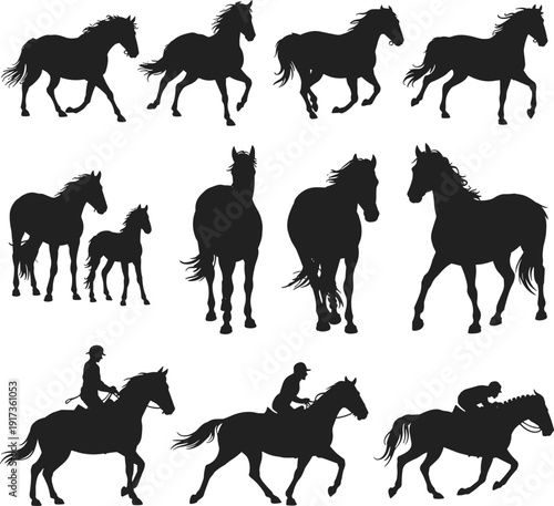 Horse Silhouette Set with Running Stallions, Mare and Foal, Equestrian Riders and Racing Poses Vector Collection