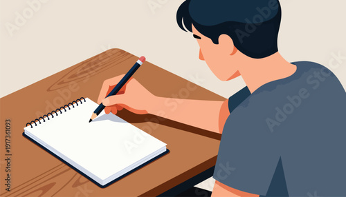 Young person writing in notebook with pencil at desk