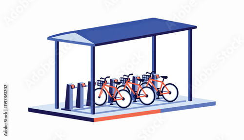 Orange bicycles neatly parked under a blue shelter at a station