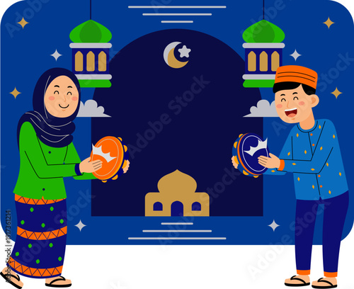 Children Celebrating Ramadan with Tambourines