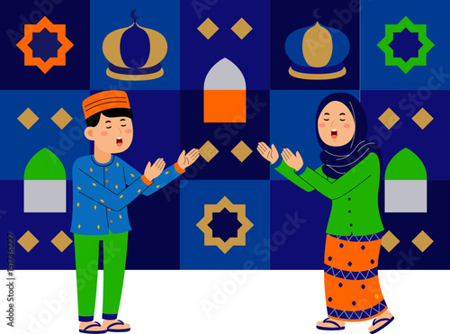 Muslim Couple Praying on Ramadan Background