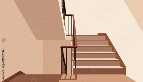 Minimalist interior with a staircase and railings in muted brown tones