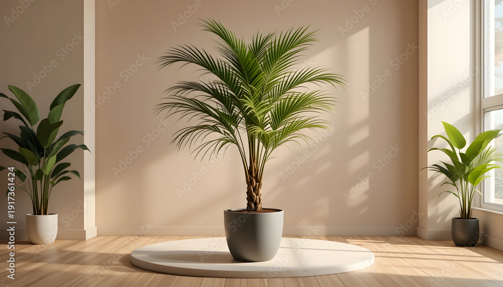 Fototapeta premium Indoor palm plant on a white circular platform stock potted