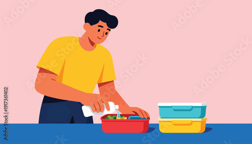 Young man pouring water into a lunchbox with stacked containers