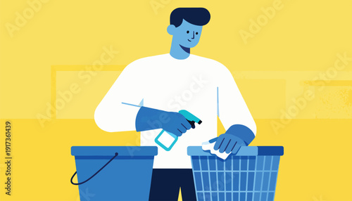 Person wearing gloves cleans with spray bottle and cloth next to buckets