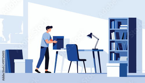Person arranging items in a modern minimalist room with a desk and bookshelf