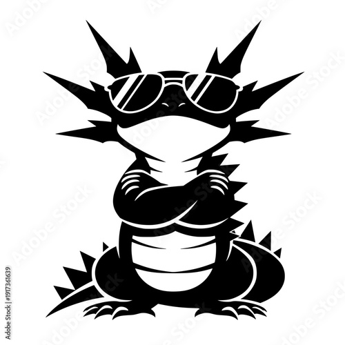 black axolotl silhouette character with sunglasses, funny cool amphibian animal illustration isolated on white background in modern minimal design.