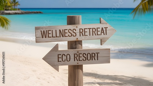 Serene beach wellness retreat sign at eco resort destination