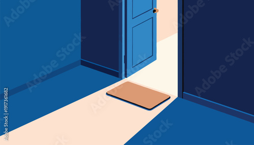 Open doorway with a welcome mat and sharp geometric shadows, minimalist style