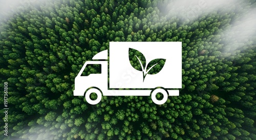 Eco-friendly delivery truck with green leaves icon parked in forest setting