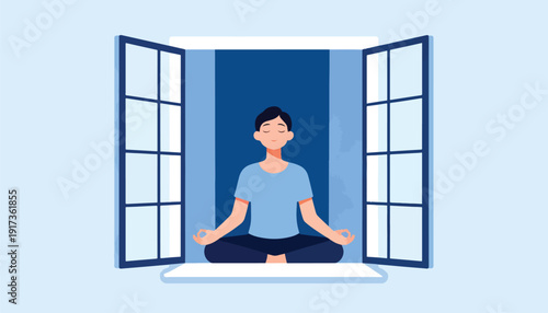 Person meditating in lotus pose by an open window
