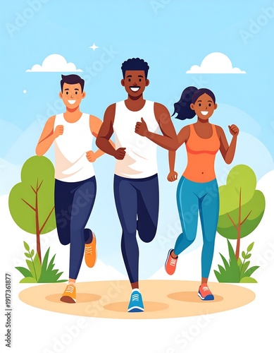 Trio of runners smiling brightly, jogging on a sunny path. Cartoon style