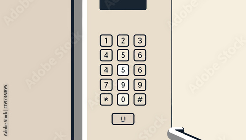 Close-up of a digital keypad on a light-colored wall with a partial view of a curved object