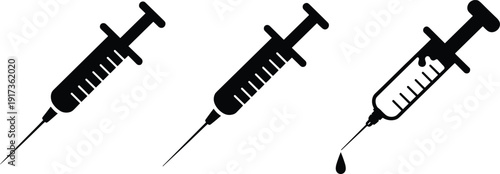 Three Black Silhouettes of Syringes, One with a Droplet of Liquid medical healthcare