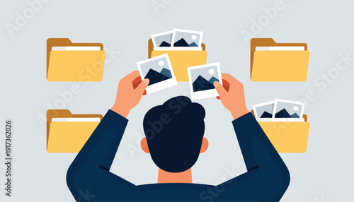 Man sorting photos into file folders