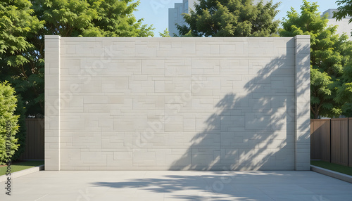 Light stone wall with trees and shadows in an outdoor setting exterior