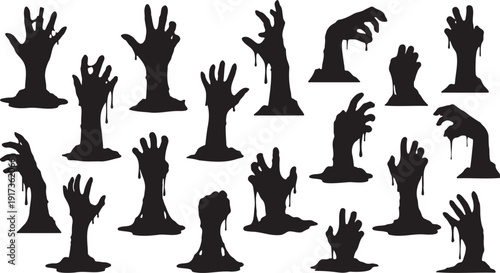 Zombie hands silhouette vector collection. Includes 18 different undead hands reaching out from the ground, dripping with goo and blood. Created in a flat black silhouette style with a white