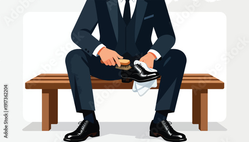 A man in a suit cleans his shoes with a brush and cloth