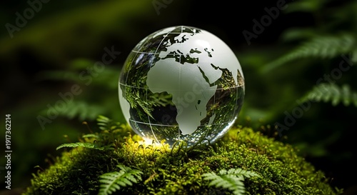 Globe sitting on lush green moss with ferns in a serene forest setting