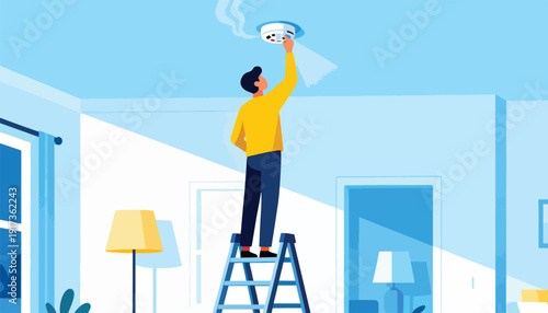 Person on ladder tests ceiling smoke detector, releasing smoke