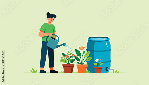 Person waters potted plants using water from a rain barrel