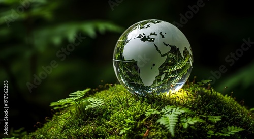Glass globe depicting Earth nestled in vibrant green moss and ferns