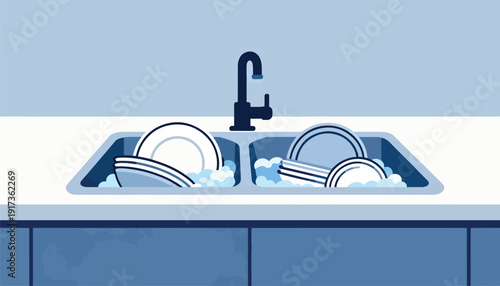 Dirty dishes piled in a sudsy sink with a faucet overhead