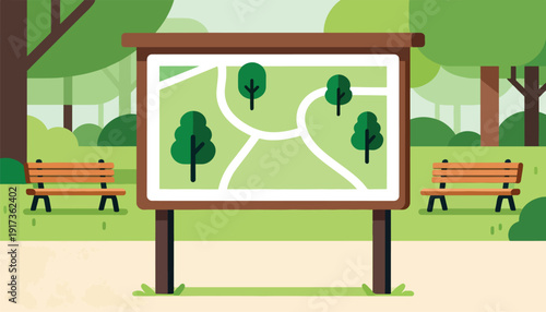 Park map with benches in a green, tree-lined area