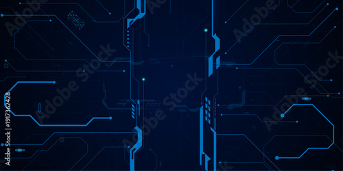 Glowing light blue neon AI chip with thin circuit contact lines. Technology lines circuit and dots on blue background, circuit board network connection.