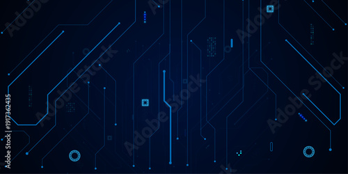 Glowing light blue neon AI chip with thin circuit contact lines. Technology lines circuit and dots on blue background, circuit board network connection.