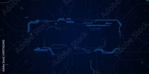 Glowing light blue neon AI chip with thin circuit contact lines. Technology lines circuit and dots on blue background, circuit board network connection.