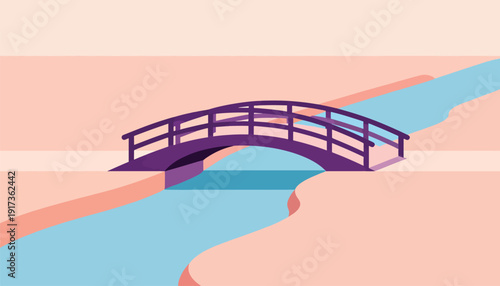 Arching purple bridge over a flowing pastel blue river and pink landscape