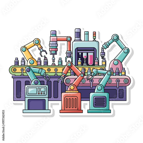 Factory machines working together in harmony, a depiction of technology in an industrial setting, showcasing robotic arms and machinery in action from a front viewpoint