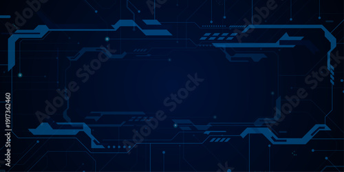 Futuristic HUD frame on circuit board background. Connected lines with electronic elements. Glowing light blue neon AI chip with thin circuit contact lines.