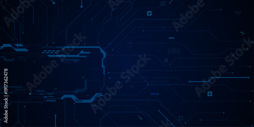 Futuristic HUD frame on circuit board background. Connected lines with electronic elements. Glowing light blue neon AI chip with thin circuit contact lines.
