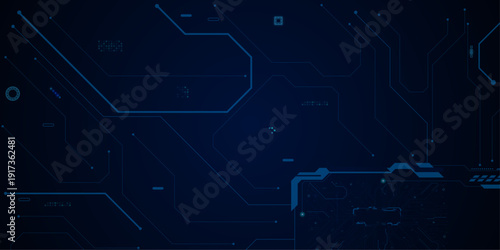 Futuristic HUD frame on circuit board background. Connected lines with electronic elements. Glowing light blue neon AI chip with thin circuit contact lines.