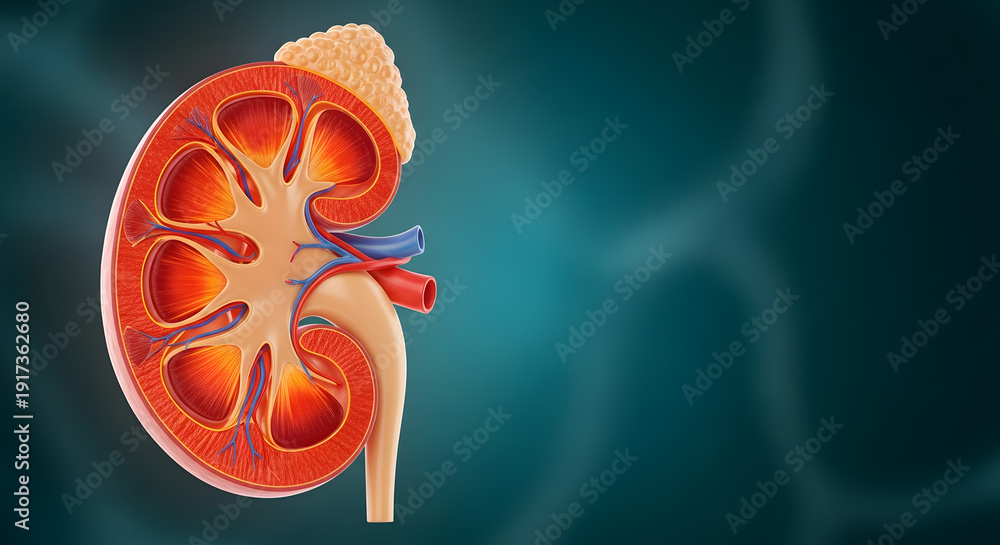 Fototapeta premium Detailed cross section of a human kidney and adrenal gland displayed on a medical background