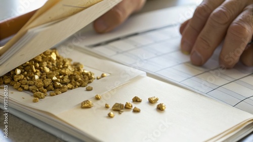 Wallpaper Mural Hands sorting and examining gold nuggets on paper sheets, possibly for appraisal or cataloging purposes in a close-up view. Torontodigital.ca