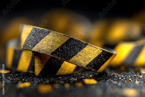 Vibrant yellow and black striped hazard tape on rugged surface
