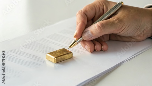 Wallpaper Mural A hand holding a pen poised to sign a document with a gold bar placed on top, symbolizing wealth, investment, or financial agreement. Torontodigital.ca