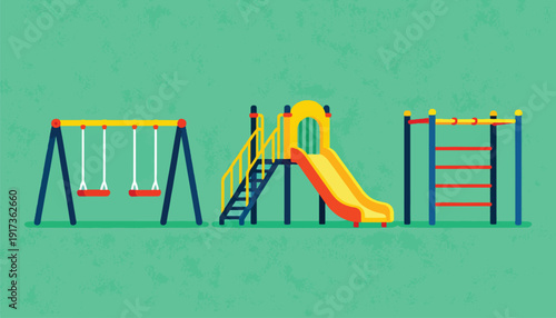 A simple playground with a swing set, slide, and climbing structure