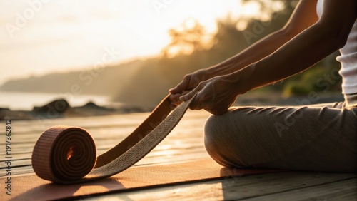 Wallpaper Mural A person sitting cross-legged outdoors, unrolling a yoga mat during sunset, surrounded by a peaceful, natural setting. Torontodigital.ca