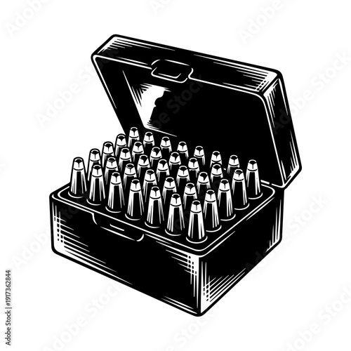 Vintage Illustration of Ammunition Box Filled with Bullets.