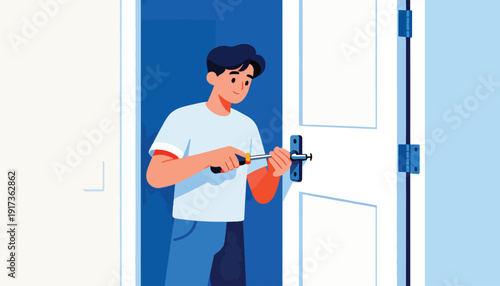 Person fixing door handle with screwdriver in simple flat style
