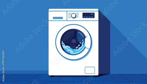 White front-loading washing machine with blue water splashing inside the drum