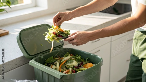 Wallpaper Mural Person disposing of vegetable scraps and food waste into a green compost bin in a bright kitchen. Torontodigital.ca