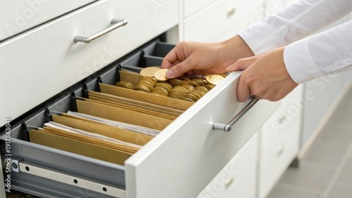 Wallpaper Mural A person organizing gold coins inside a white filing cabinet drawer with multiple compartments, focusing on careful placement and sorting. Torontodigital.ca